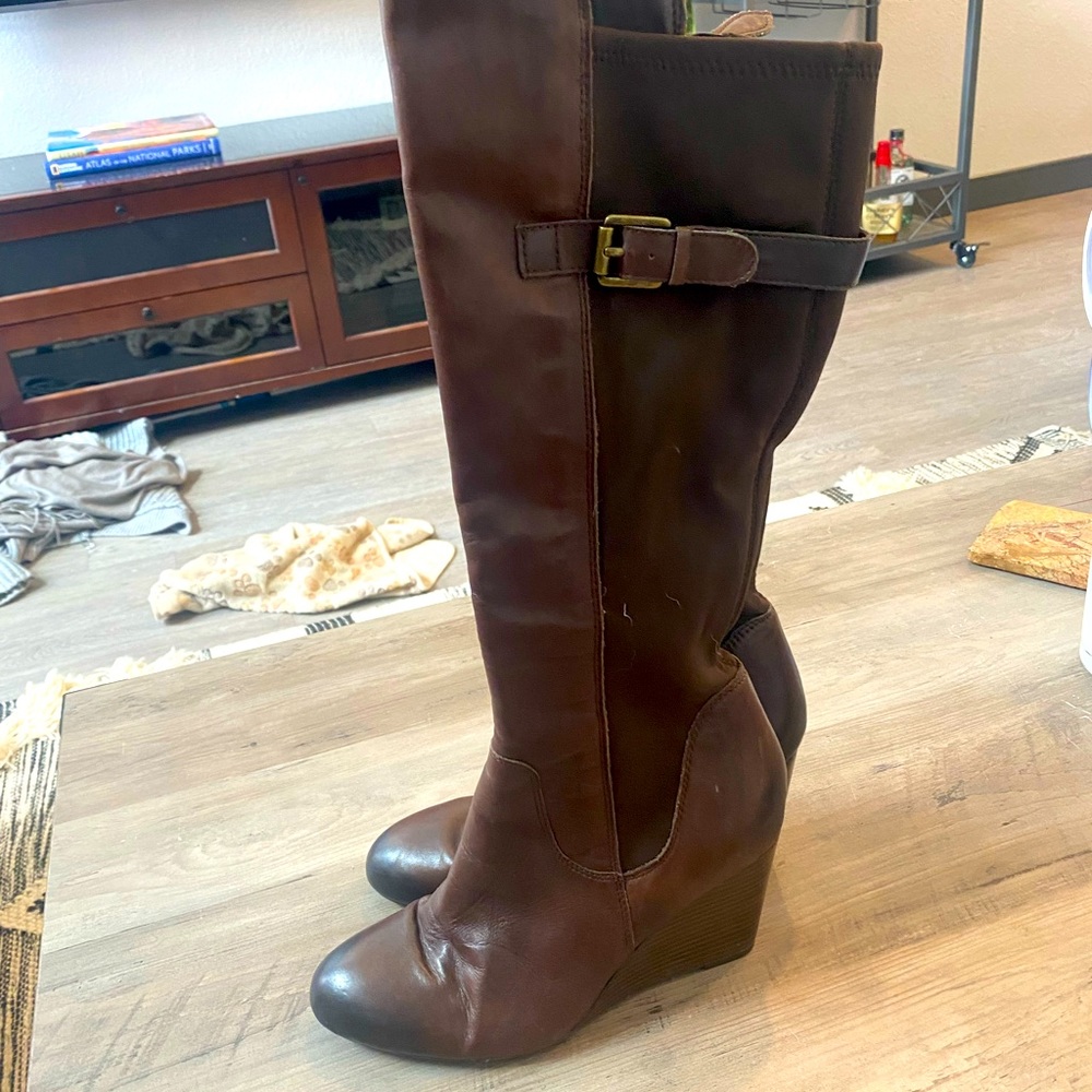 Brown leather knee Franco Sarto wedge boots (8.5)